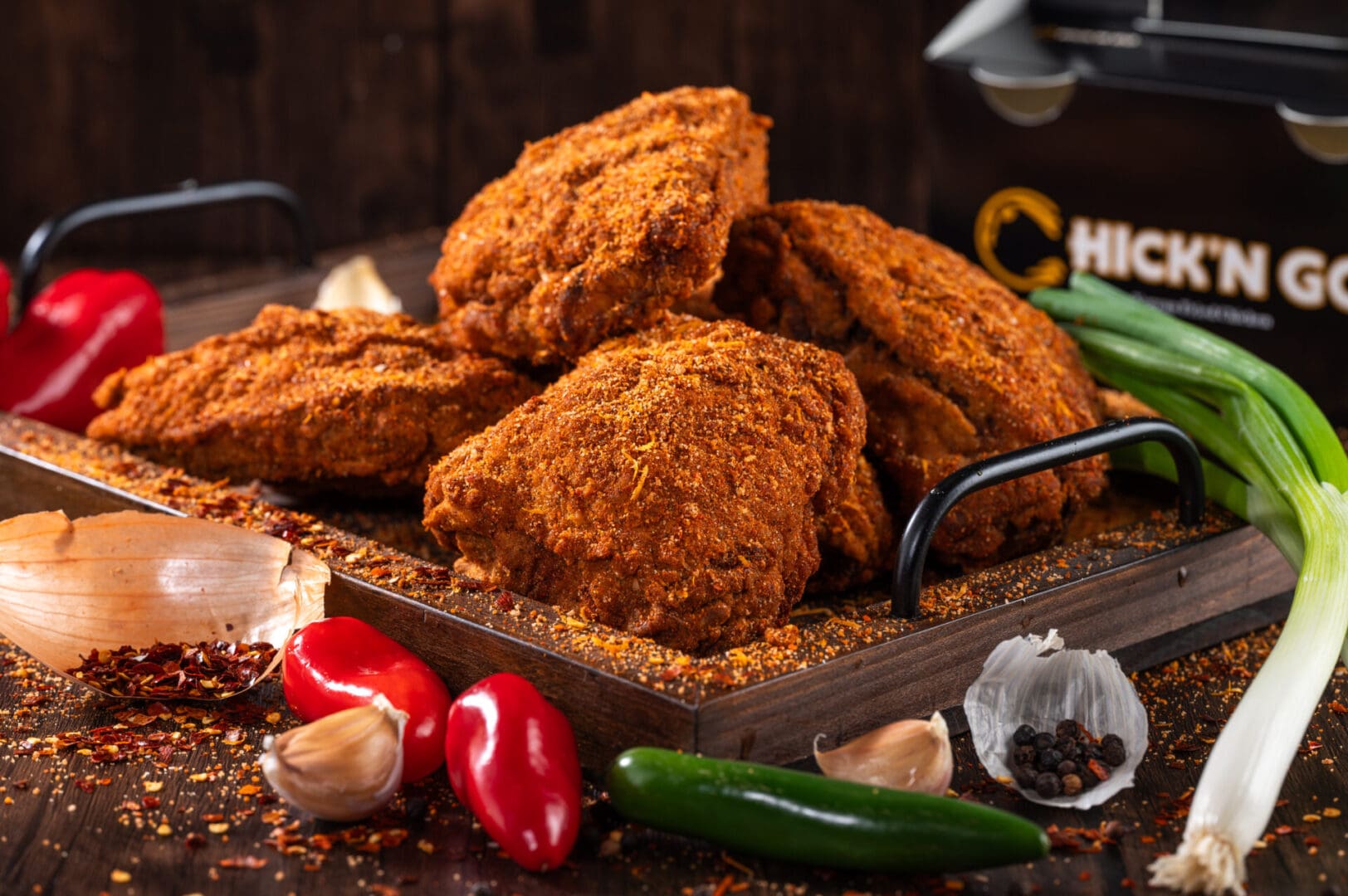 A wooden bowl filled with fried meat next to some peppers.