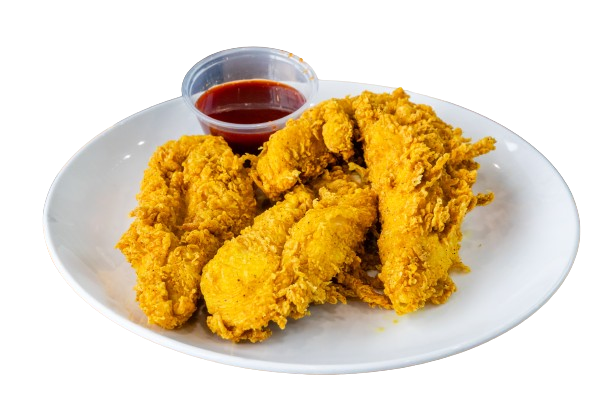 A plate of fried chicken with sauce on the side.