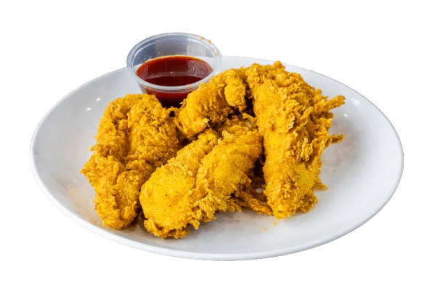 A plate of fried chicken with sauce on the side.