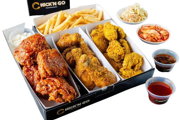 A box of chicken, fries and coleslaw.